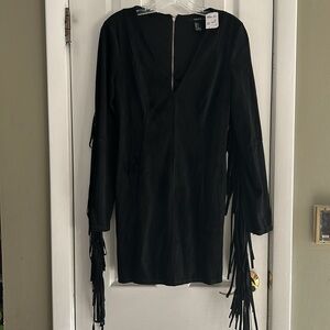 FOREVER 21 MINI BLACK FRINGE LONG SLEEVE MICRO SUEDE DRESS SIZE M NWT